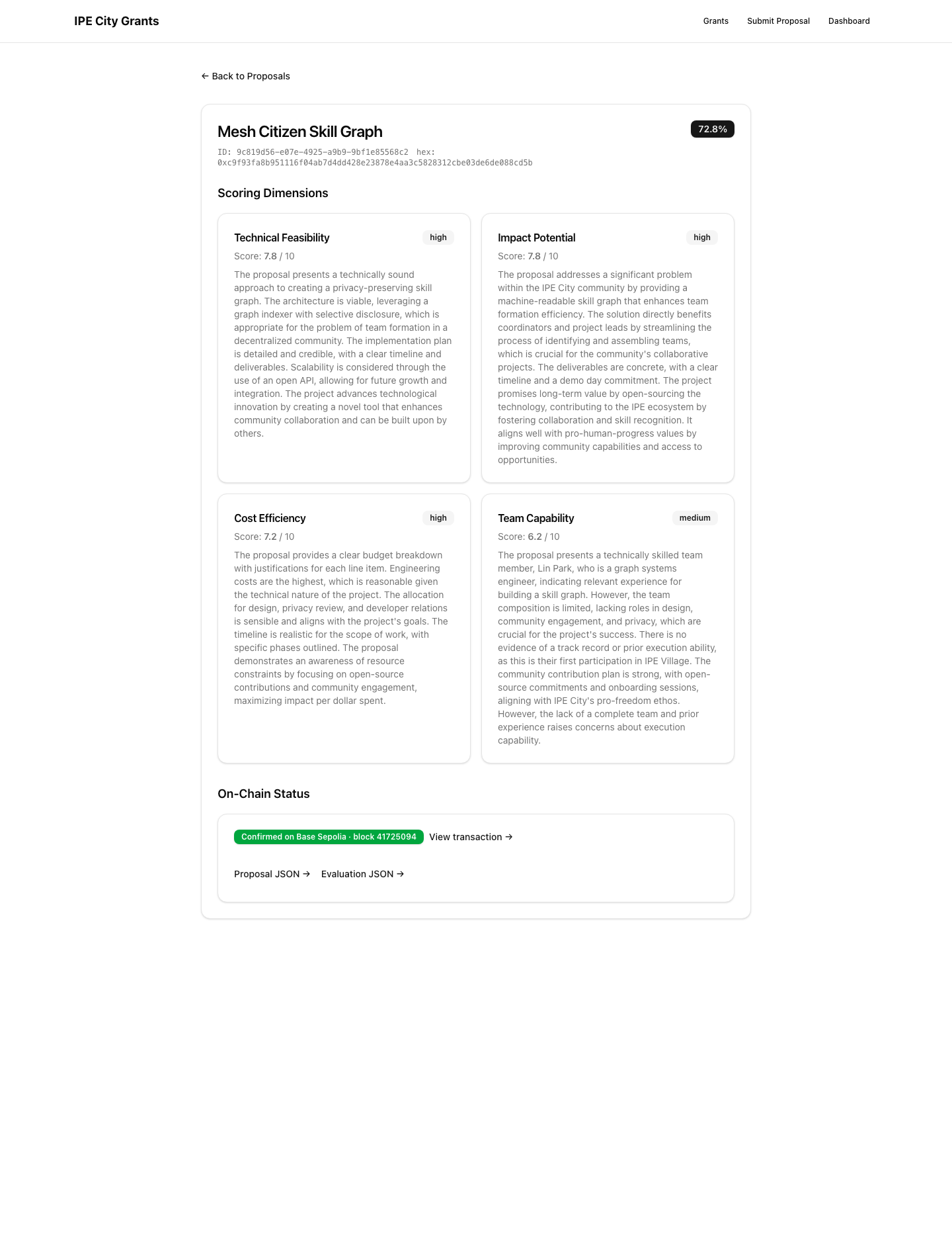 ipe-city evaluation — real AI scores across 4 dimensions plus confirmed Base Sepolia tx hash