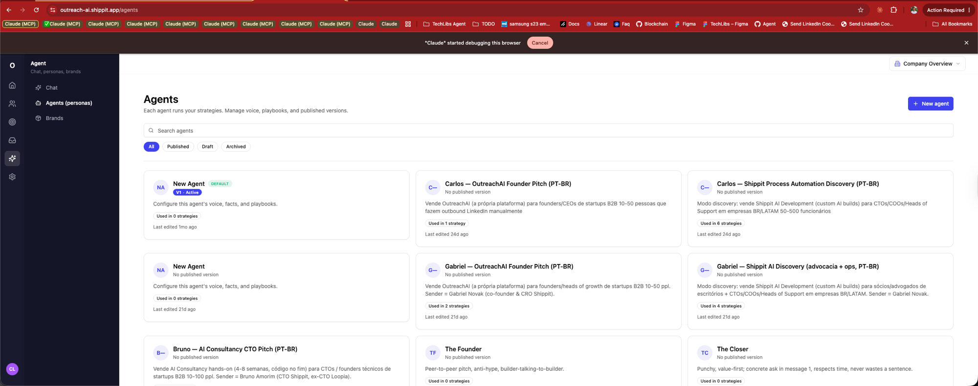 OutreachAI agents — voice, playbooks, published versions per teammate